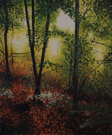 Waldstück II Ansicht eines kleinen Wäldchens mit jungen Bäumen im Spätsommer. Noch grüne Blätter, die ersten fallen schon. Licht von hinten.