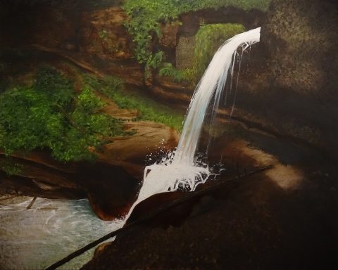 Scheidegger Wasserfall Symbol der Vergänglichkeit, Schönheit der Natur. Wasserfall fließt zwischen braunen Felsen in ein natürliches Becken, wunderschön glitzernd.