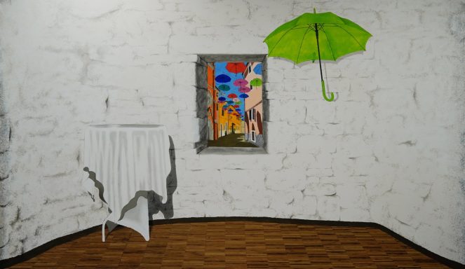 It´s Raining Sunshine Das im Kunstverein Heidenheim entstandene Gemälde zeigt einen Teil der Räumlichkeit, erweitert durch eine positive Zukunftsvision der Stadt.
